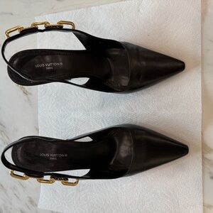 Louis Vuitton Black Slingback Heels with Gold Accents